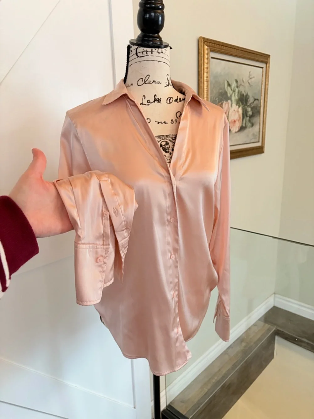 H&M Women's Light Pink Satin Button Down Shirt - Picture 2 of 3